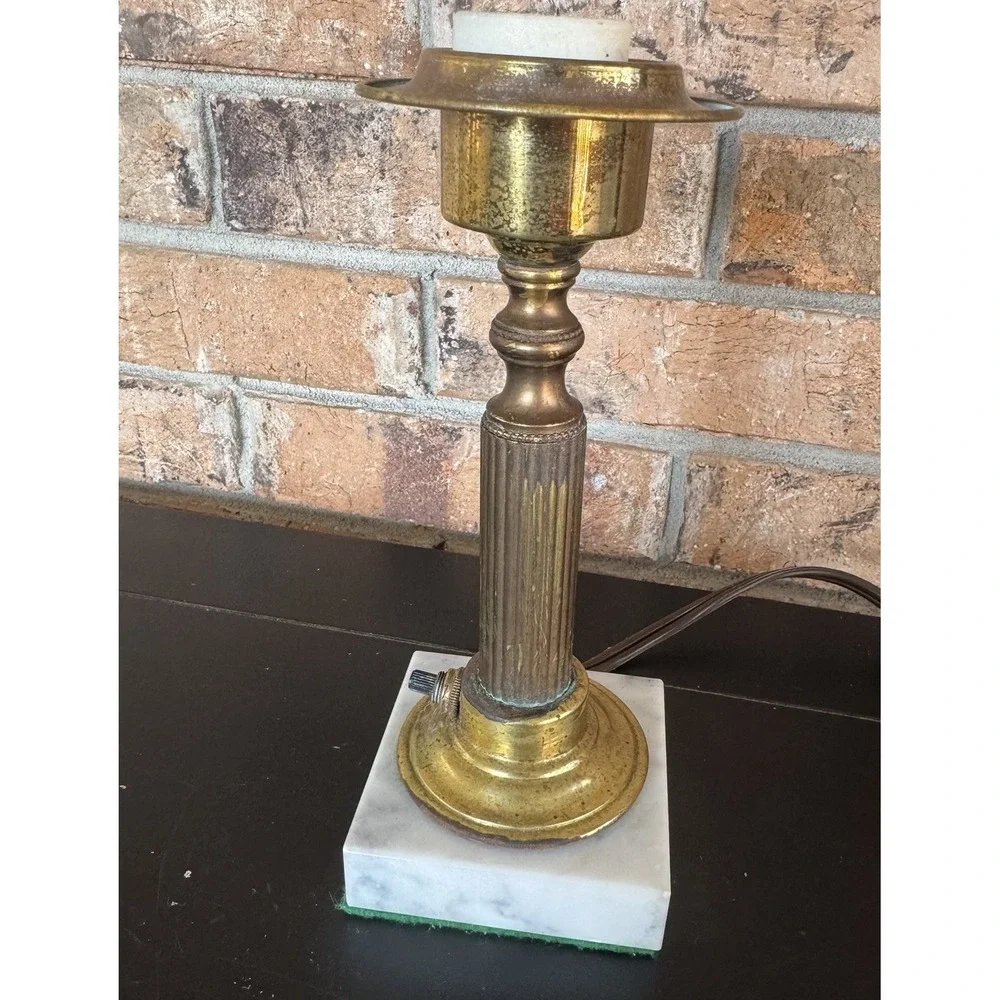 Vintage Brass Column w/ Marble Block Base Lamp Art Deco 1930s